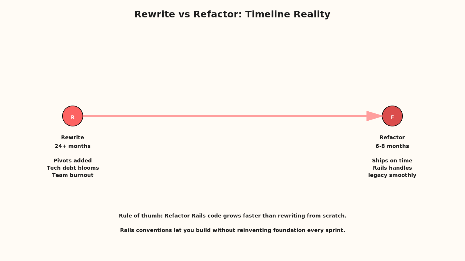 Timeline comparison: rewrite (24 months, multiple pivots, team burnout) vs. refactor (4 months, incremental gains, team morale)