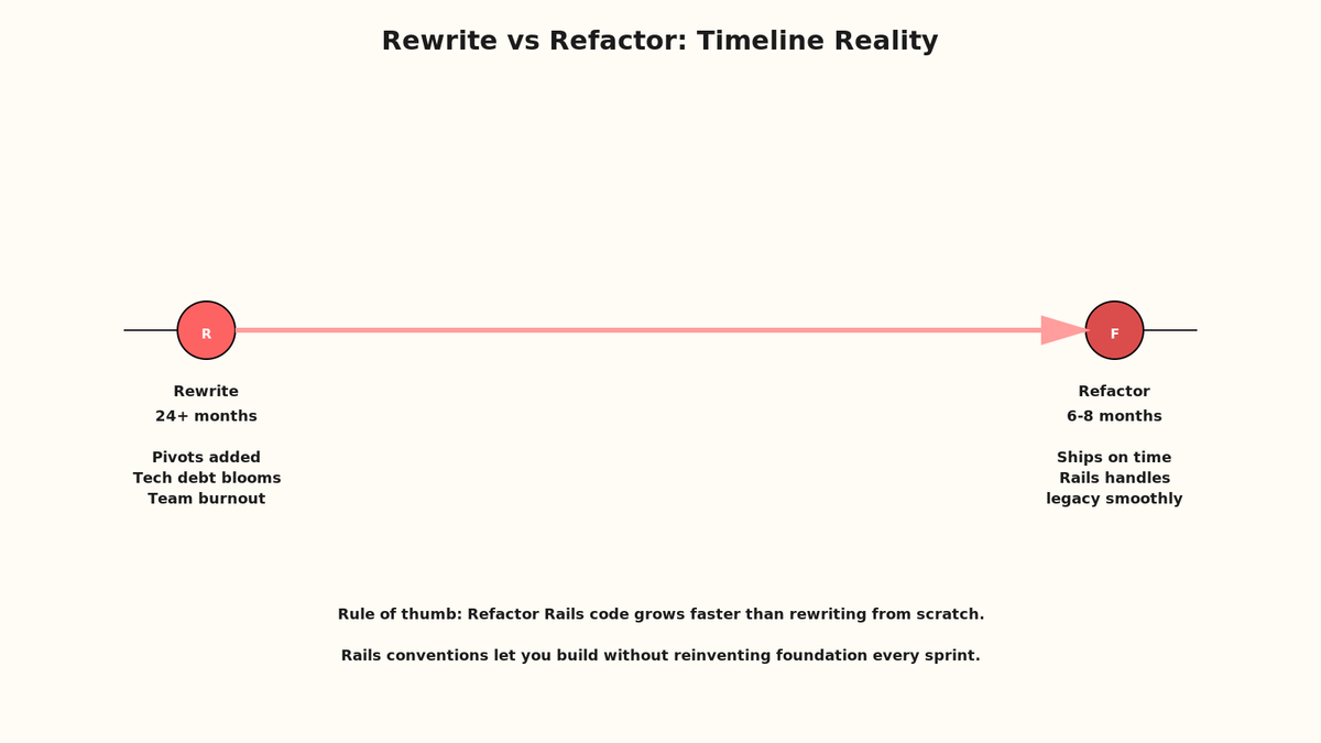 Timeline comparison: rewrite (24 months, multiple pivots, team burnout) vs. refactor (4 months, incremental gains, team morale)