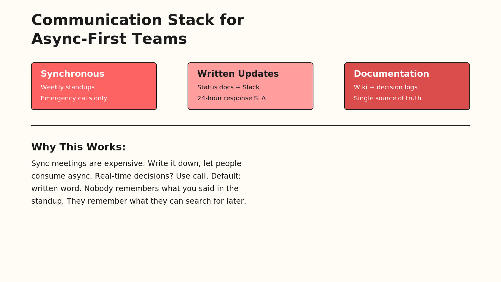 Communication stack for async-first teams showing three layers: Synchronous (weekly standups), Written Updates (status docs and Slack), and Documentation (wiki and decision logs).