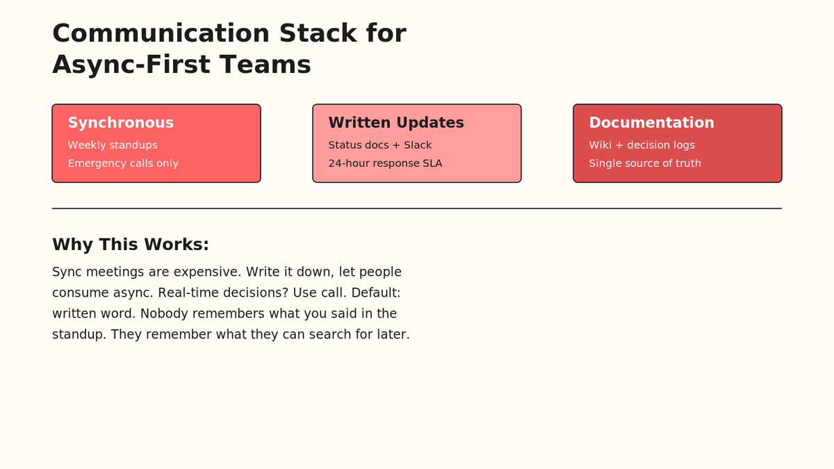 Communication stack for async-first teams showing three layers: Synchronous (weekly standups), Written Updates (status docs and Slack), and Documentation (wiki and decision logs).