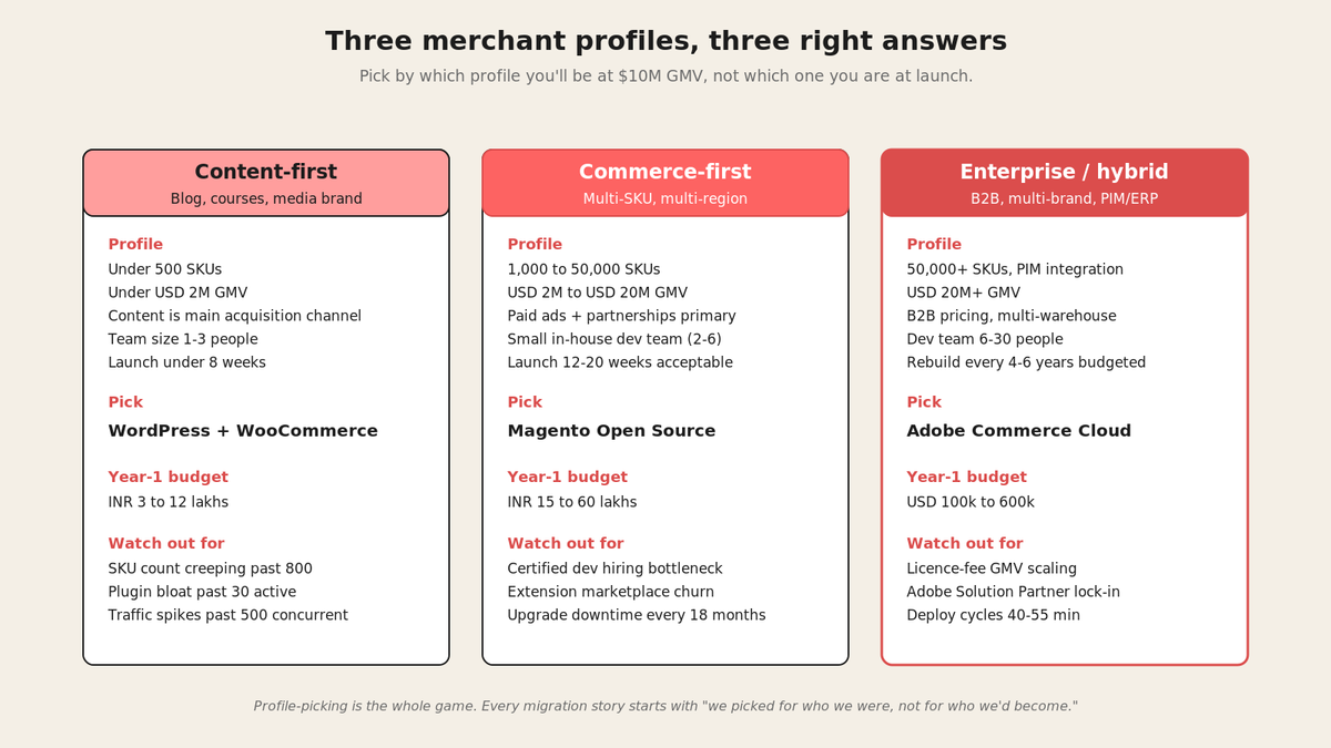 Isometric tier diagram showing three merchant profiles (content-first, commerce-first, hybrid) and which platform each should pick based on GMV, catalog depth, and content strategy.