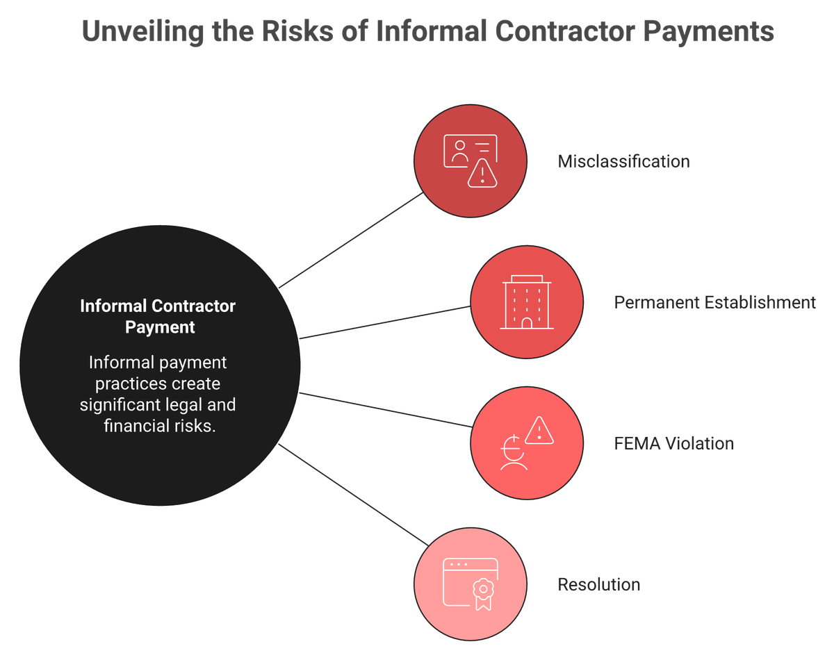 Radial diagram showing misclassification, PE, and FEMA risks from paying India contractors directly