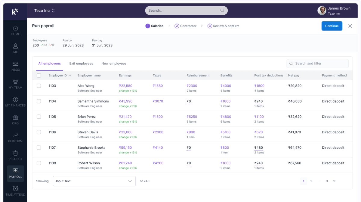 Keka run payroll screen listing employee earnings, taxes, reimbursements, benefits, and net pay in rupees