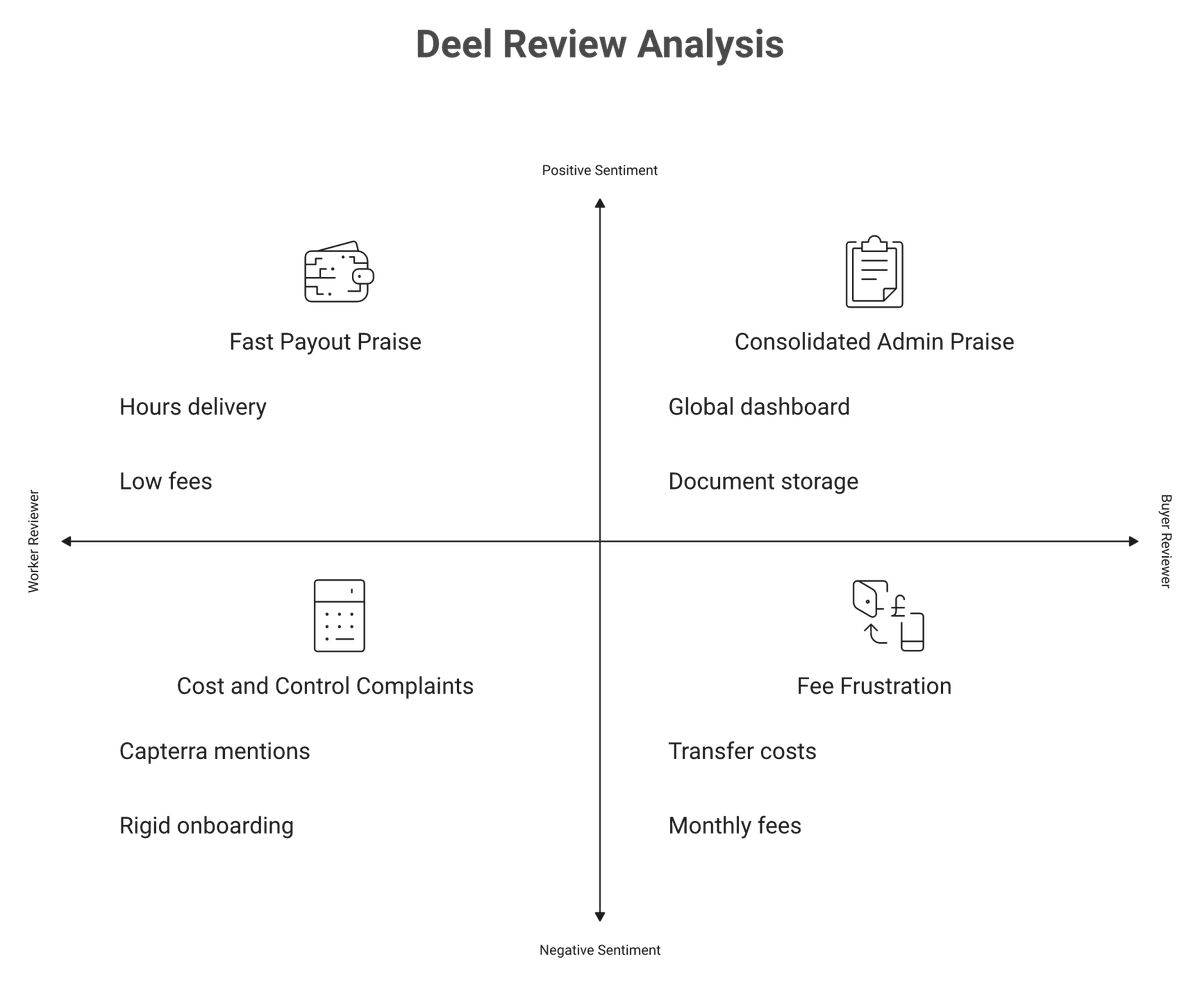 Quadrant matrix mapping Deel reviewers as workers or buyers against positive or negative sentiment