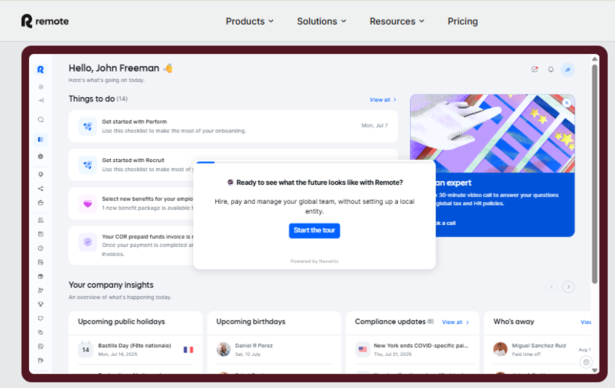 Remote dashboard tour with onboarding tasks, company insights, holidays, birthdays, compliance updates, and an expert call option.