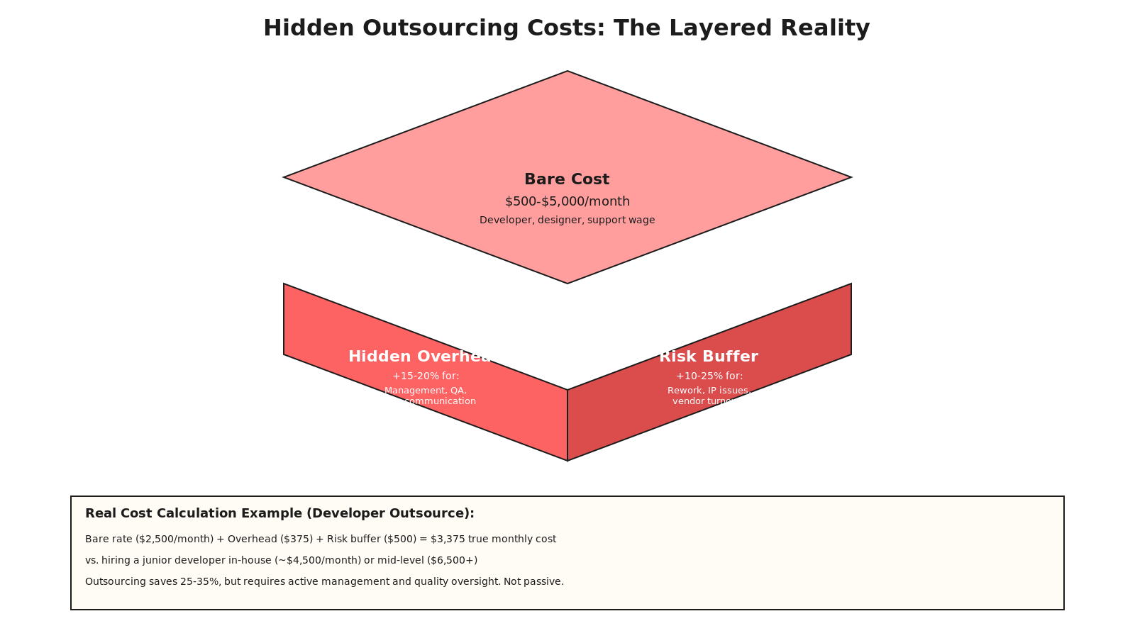 Isometric visualization of hidden outsourcing cost layers: bare cost (contractor wage), hidden overhead (management, tools, quality), and risk buffer (rework, vendor turnover, knowledge drain).