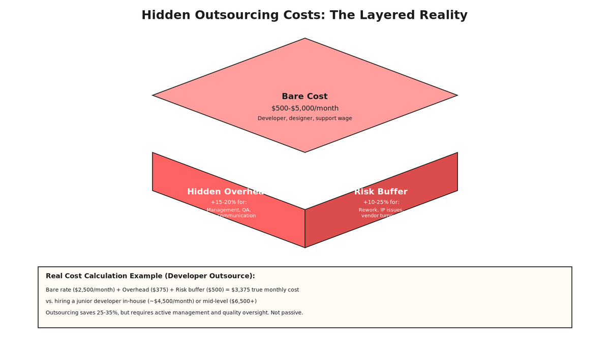 Isometric visualization of hidden outsourcing cost layers: bare cost (contractor wage), hidden overhead (management, tools, quality), and risk buffer (rework, vendor turnover, knowledge drain).