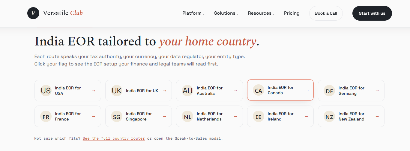 Versatile Club India EOR routes by home country, with US, UK, Australia, Canada and Germany options