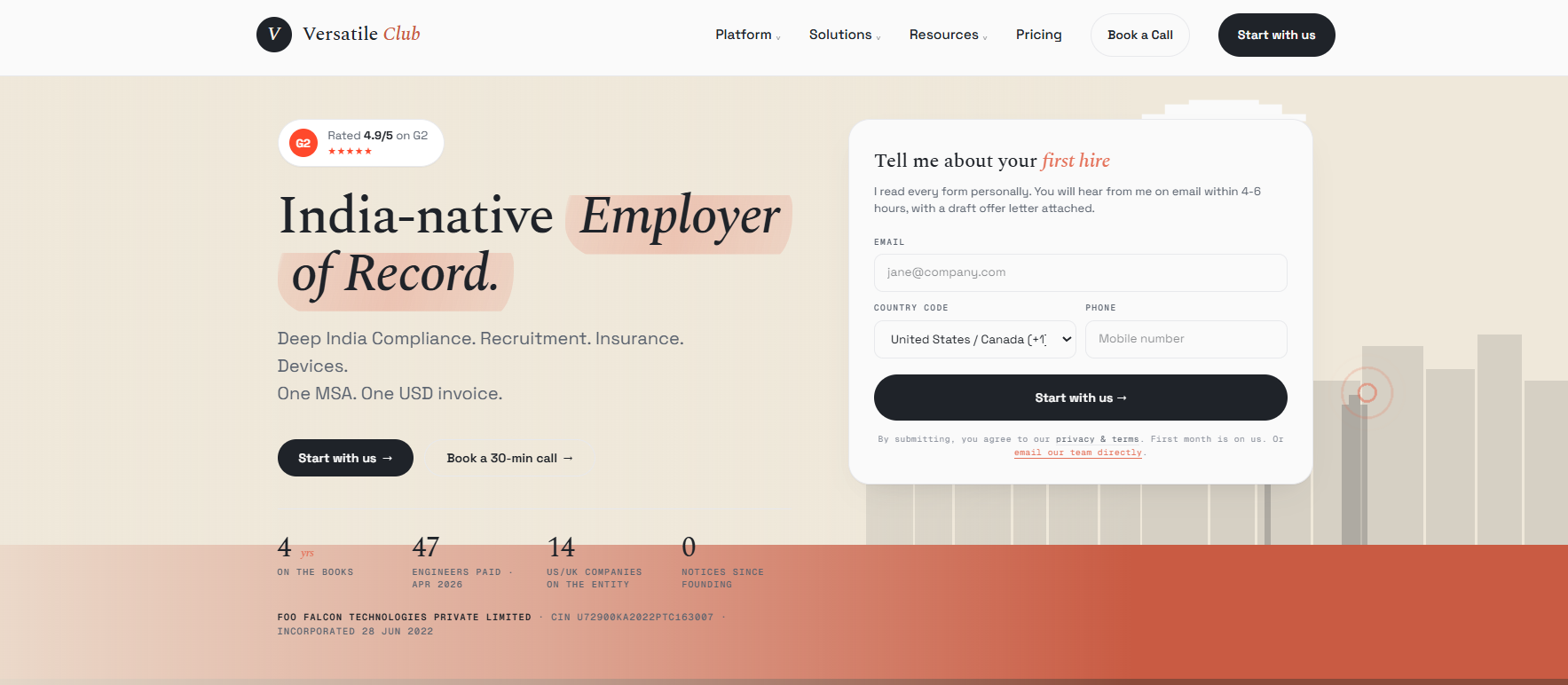 Versatile Club India-native employer of record offering, with G2 4.9 rating, entity track record and first-hire form