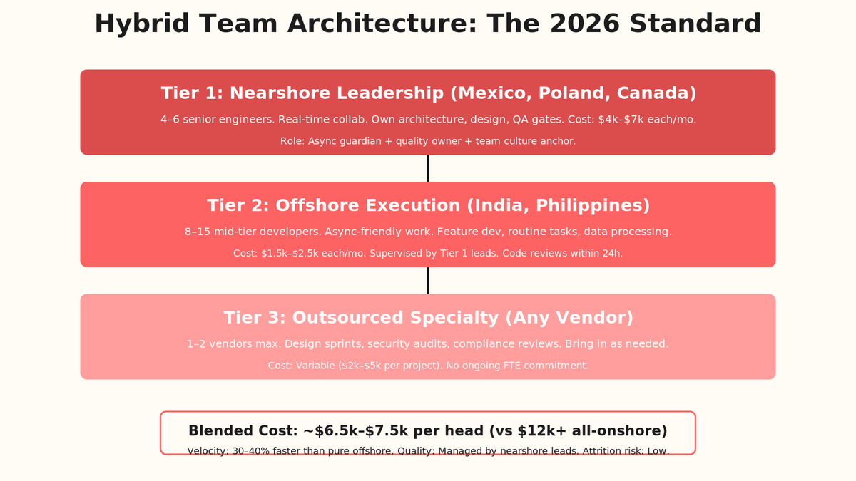 Hybrid team architecture showing three tiers: nearshore leadership, offshore execution, and outsourced specialty vendors.