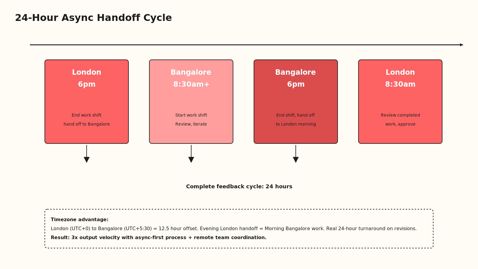Card grid timeline showing London evening handoff to Bangalore morning work, Bangalore evening work handed back to London morning review, with timezone markers and deliverable milestones