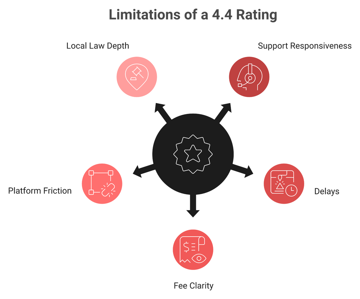 Radial diagram showing a 4.4 review score surrounded by support, delay, fee, platform, and local law complaint clusters
