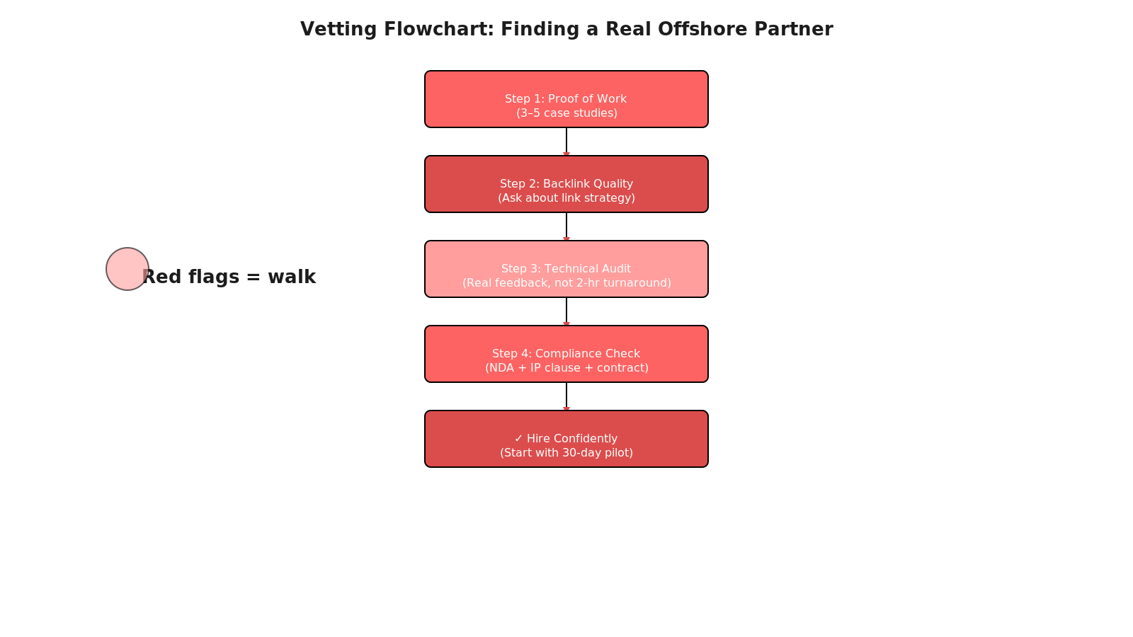 Four-step vetting flowchart for offshore SEO agencies: proof of work, backlink quality, technical audit, compliance check