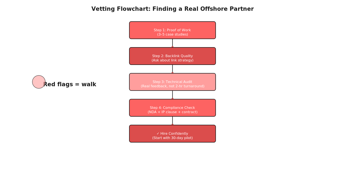 Four-step vetting flowchart for offshore SEO agencies: proof of work, backlink quality, technical audit, compliance check