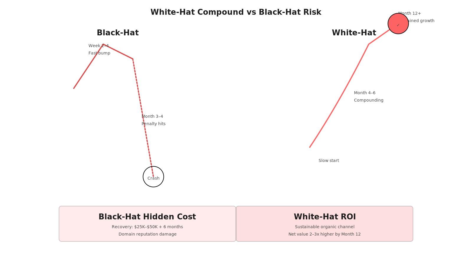 Risk comparison showing black-hat SEO spike-and-crash (fast boost followed by Google penalty) vs white-hat SEO steady compound growth