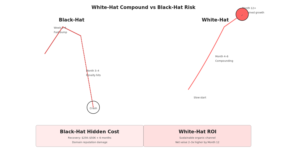 Risk comparison showing black-hat SEO spike-and-crash (fast boost followed by Google penalty) vs white-hat SEO steady compound growth