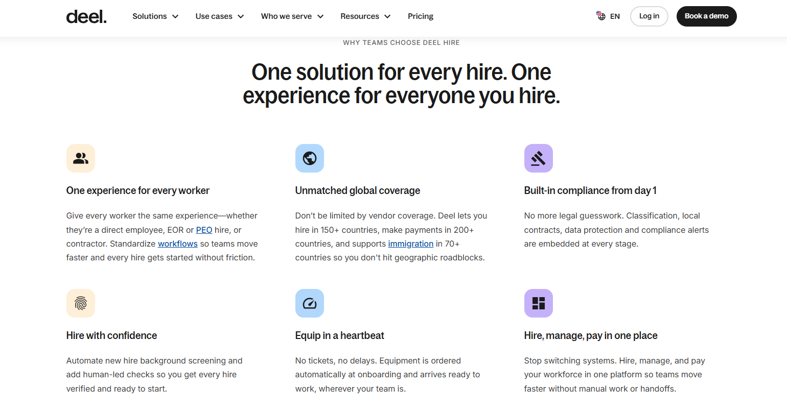 Deel's global hiring platform with payroll engine options and onboarding flow for a new international joiner