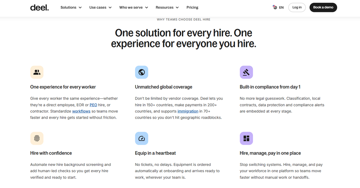 Deel hire features covering global coverage in 150+ countries, day-one compliance, background screening and equipment delivery