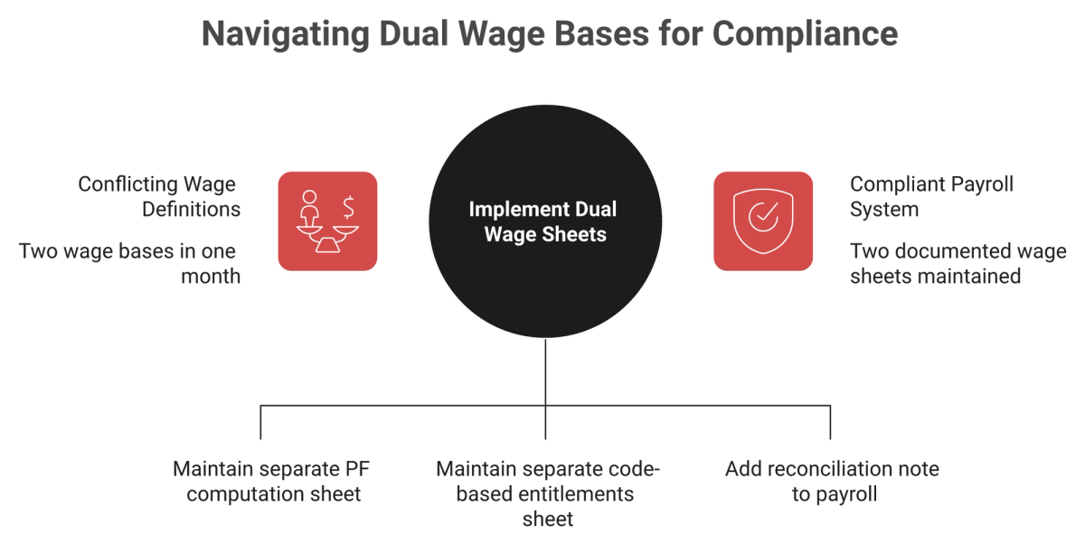 Diagram of India's dual wage base, EPF Act basic wages versus Code on Wages 50 percent rule