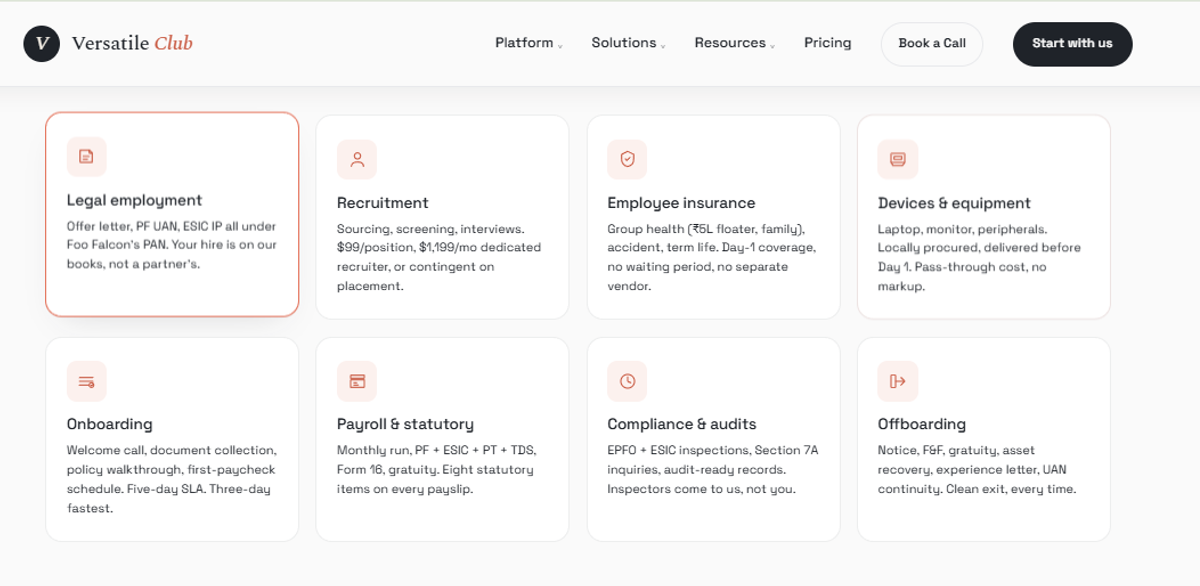 Versatile Club service grid: legal employment, recruitment, payroll and statutory filings, five-day onboarding SLA