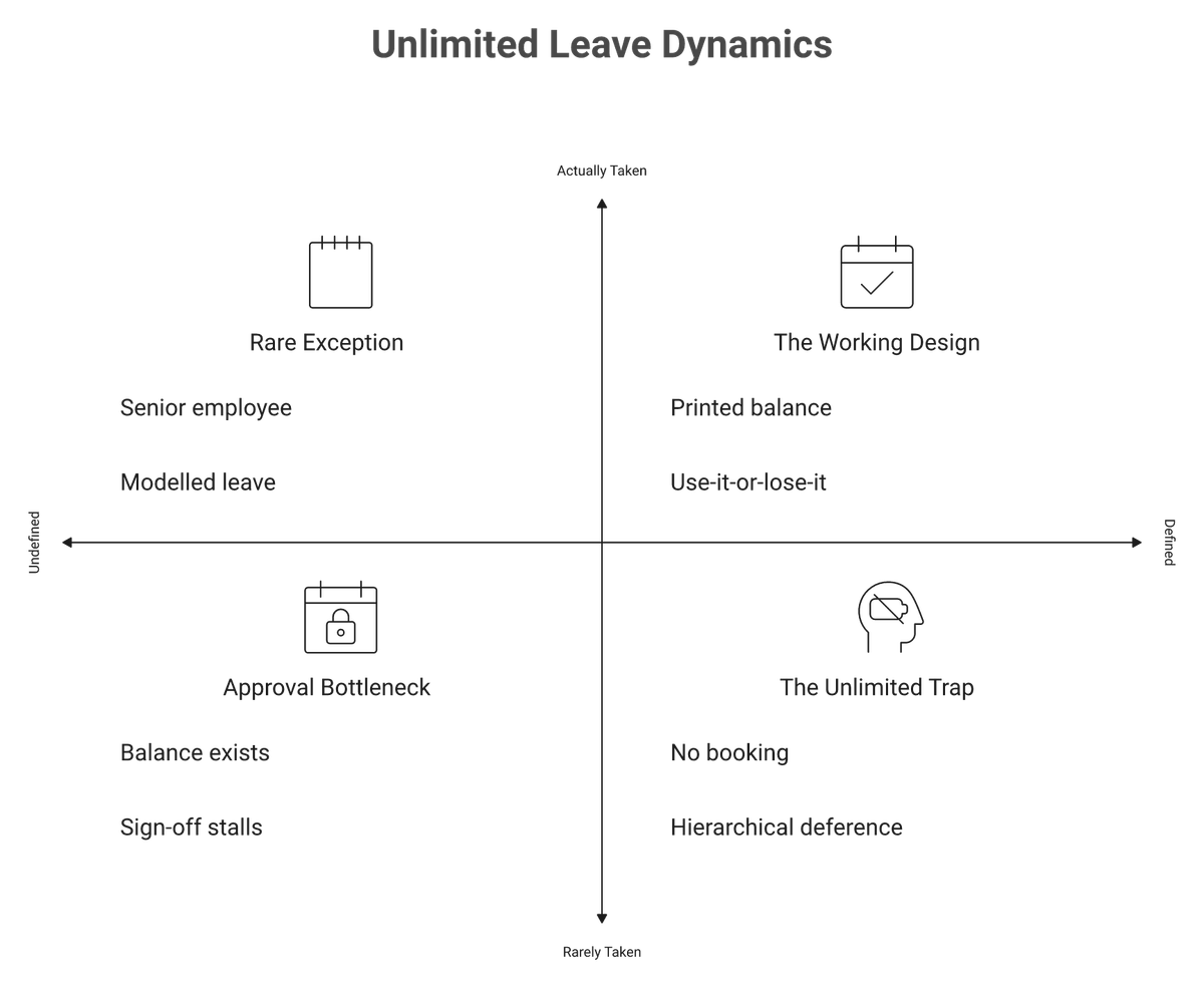 Two-by-two matrix showing why undefined leave allotments reduce leave taken in hierarchical Indian workplaces.