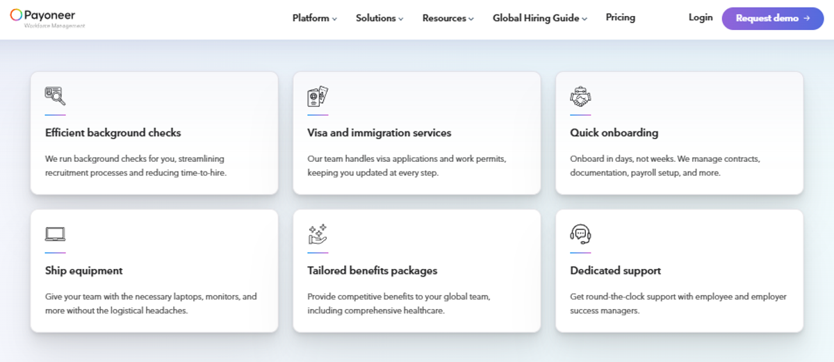 Payoneer Workforce Management service cards for background checks, immigration, onboarding, equipment, benefits, and support.