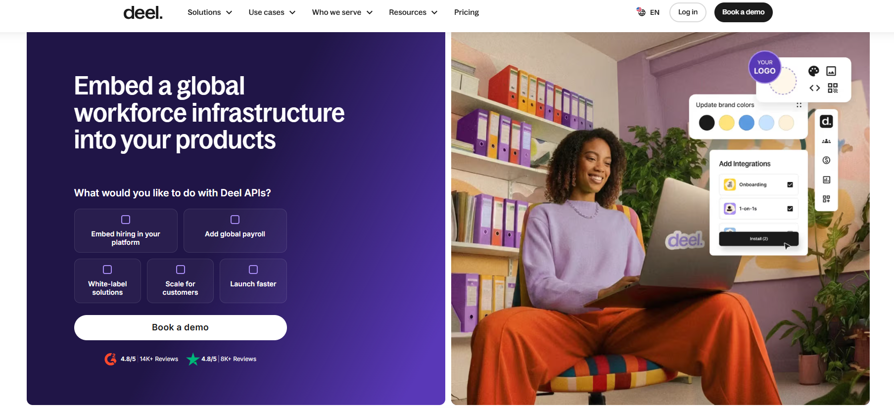 Deel APIs for embedding global hiring and payroll, with white-label branding controls and onboarding integrations
