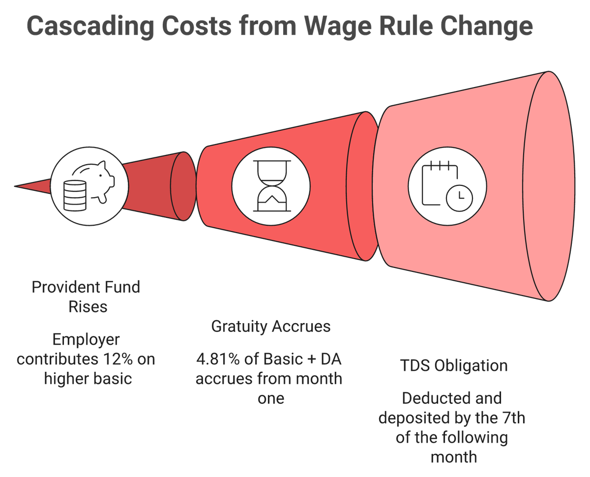 Funnel showing India 50% wage rule raising PF, gratuity, and TDS costs into diligence risk.