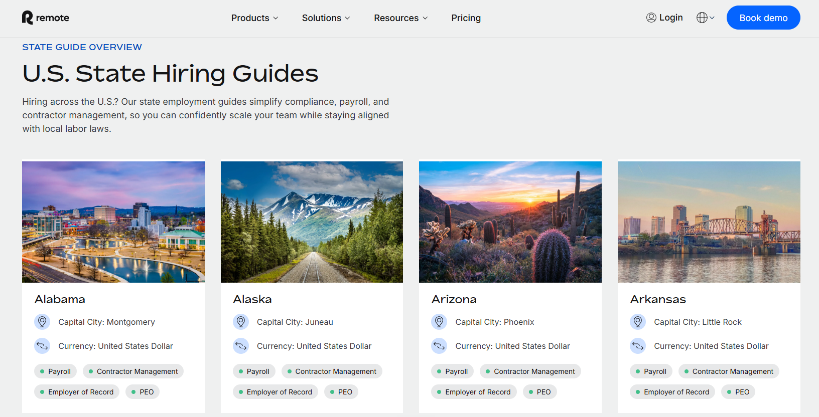 Remote's U.S. state hiring guides listing capital city, currency, payroll, contractor management, EOR and PEO coverage