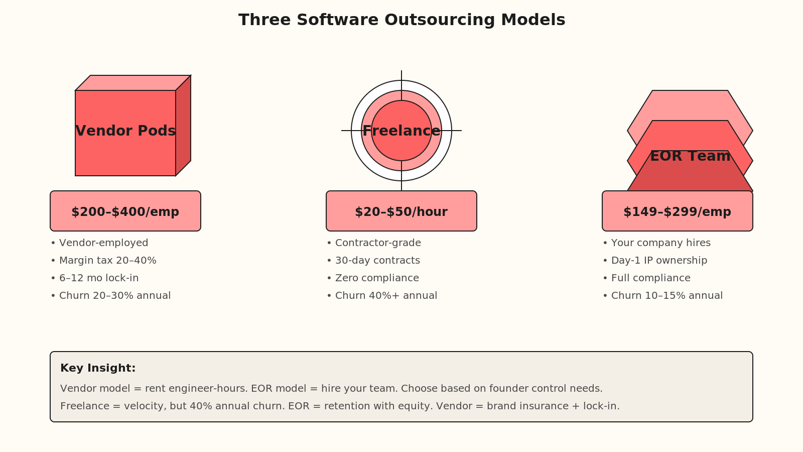 Isometric comparison of three software outsourcing models: vendor pods (coral), freelance (radial hub), EOR team (chevron stack). Each shows cost range, model type, and key trade-offs.