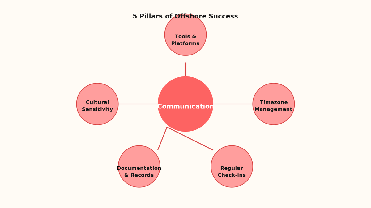 Five-pillar radial diagram centered on communication with surrounding pillars of tools, timezone management, check-ins, and documentation