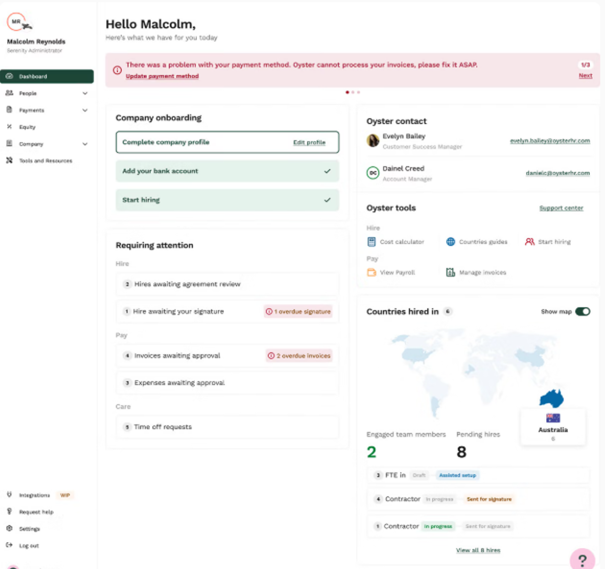Oyster HR dashboard with company onboarding steps, pending hires, approvals and countries hired in map