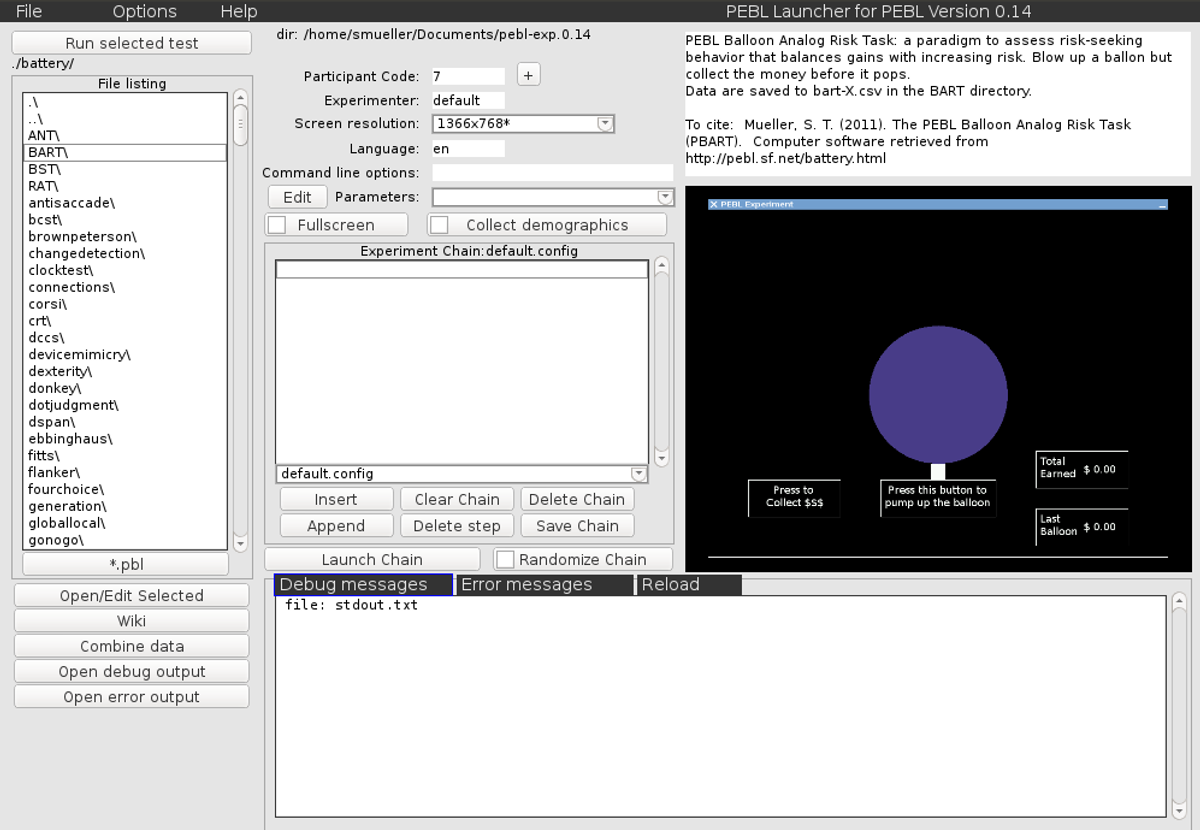 PEBL psychology software launcher running the Balloon Analog Risk Task, with test file listing and experiment chain panel
