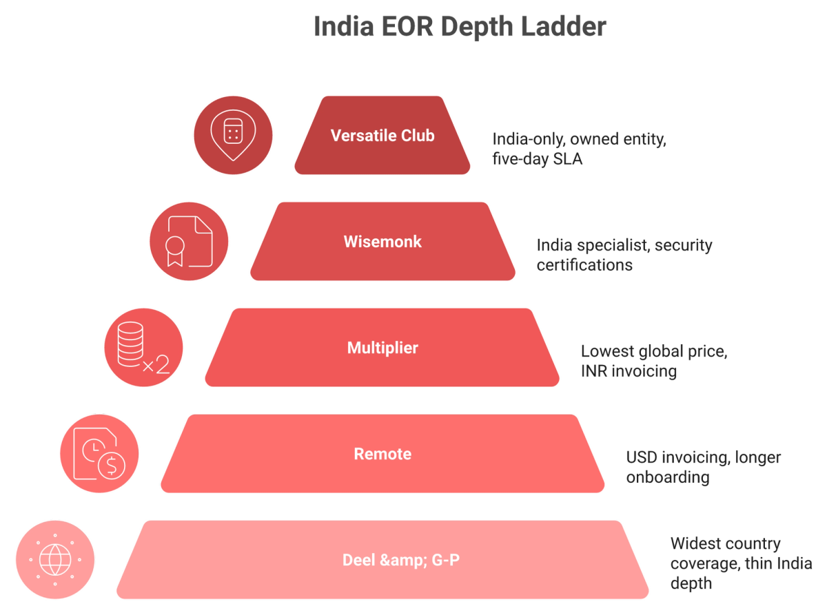 Pyramid ranking five India EOR providers from widest global coverage to deepest India-only statutory depth.