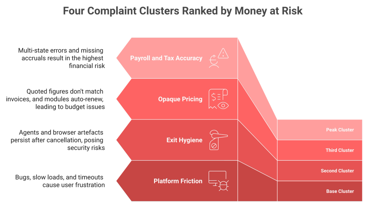 Funnel ranking Rippling complaint clusters from platform bugs up to payroll and tax accuracy risk