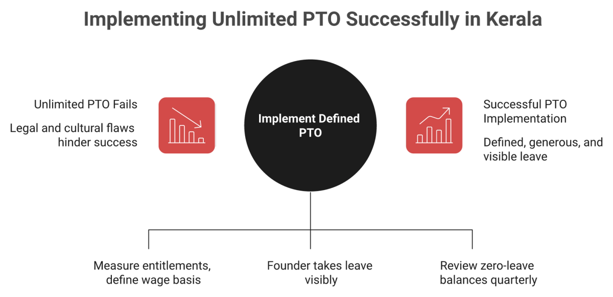Central diagram showing the legal and cultural failure modes of unlimited PTO in Kerala