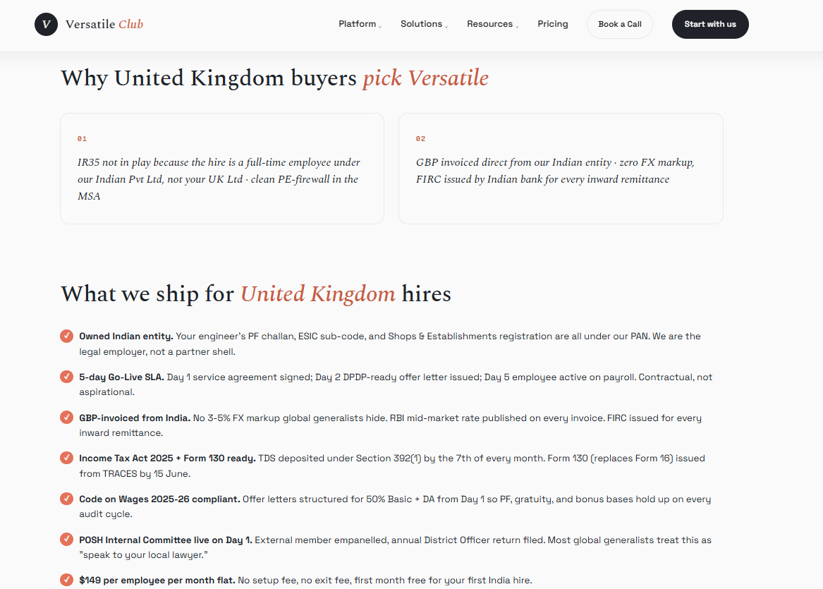 Versatile Club India hiring terms for UK buyers: owned Indian entity, 5-day go-live SLA, GBP invoicing, $149 flat fee