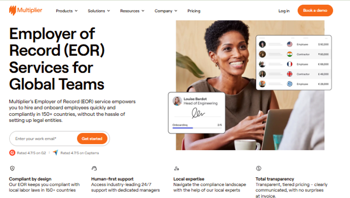 Multiplier employer of record page showing employee onboarding, payment amounts, and global hiring service highlights.