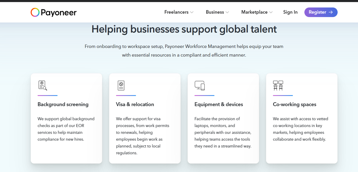 Payoneer Workforce Management EOR support cards for background screening, visa, equipment, and co-working spaces