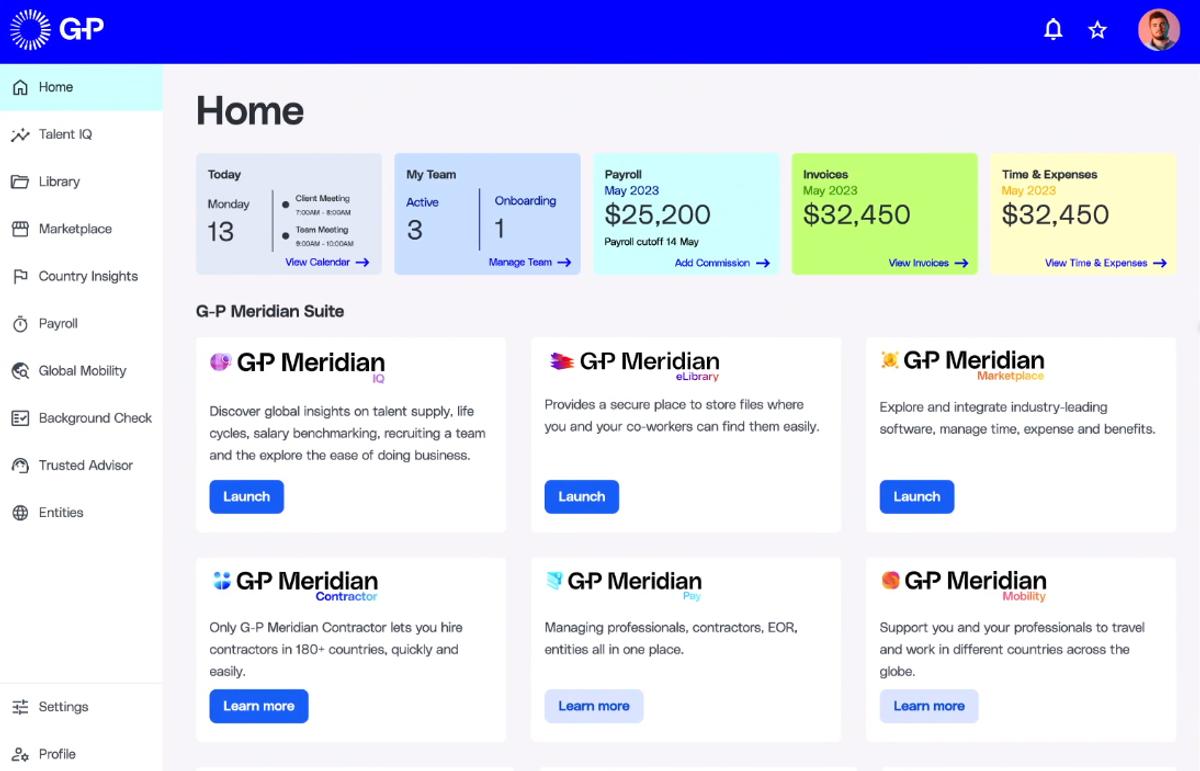 Globalization Partners dashboard with payroll, invoices, and Meridian suite modules for India EOR comparison