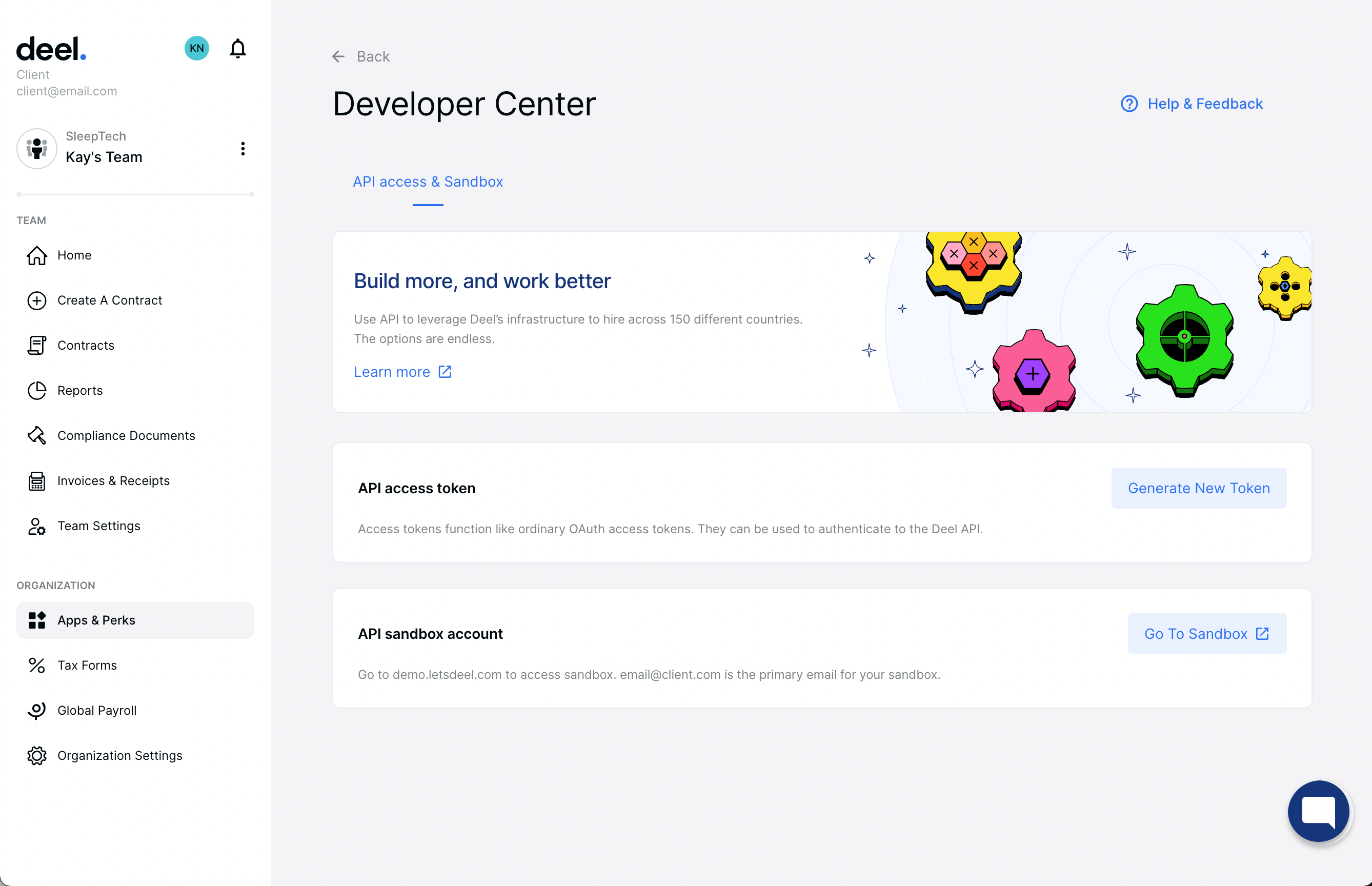 Deel Developer Center with API access and sandbox tools for hiring across 150 countries, a global Rippling alternative
