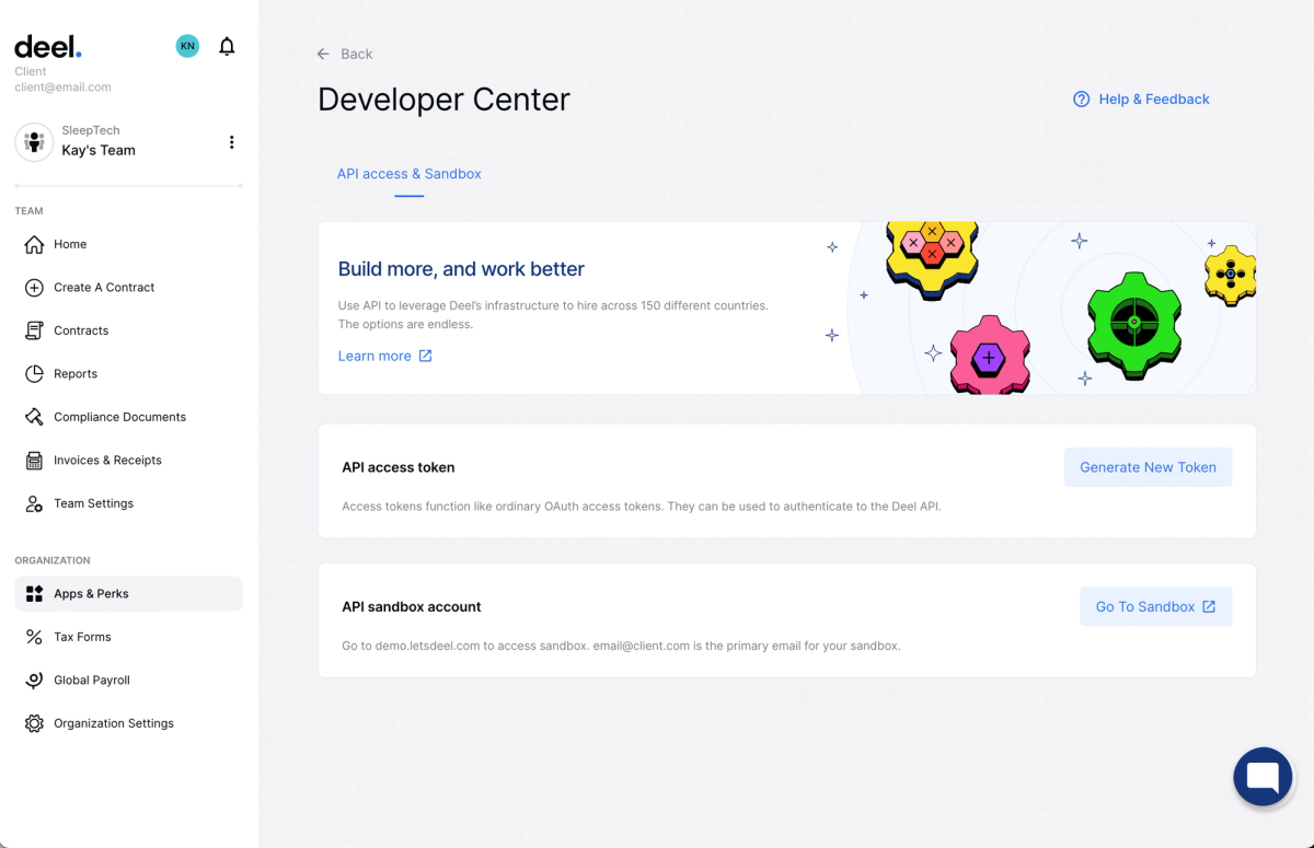 Deel Developer Center showing API access and multi-country hiring across 150 countries for global EOR