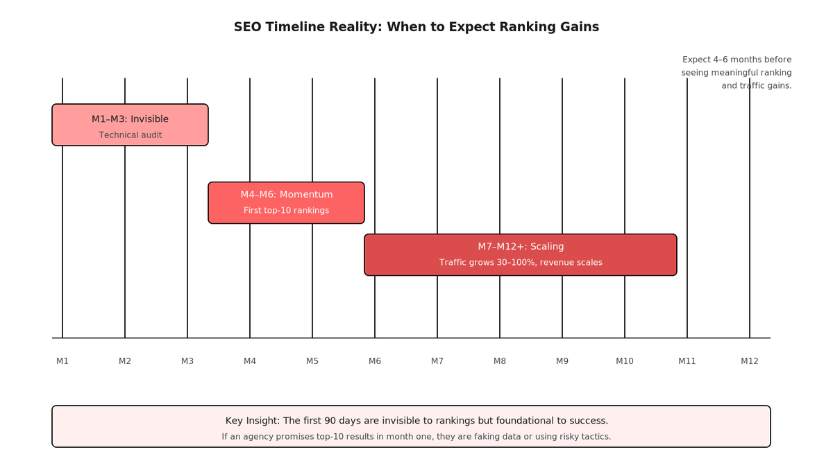 Timeline chart spanning 13 months showing Month 1-3: Technical audit and keyword research phase, Month 4-6: Content publishing and link building, Month 7-12: Ranking gains and traffic increase, Month 13+: Scaling and new keyword targets. Shows when SEO results become visible.
