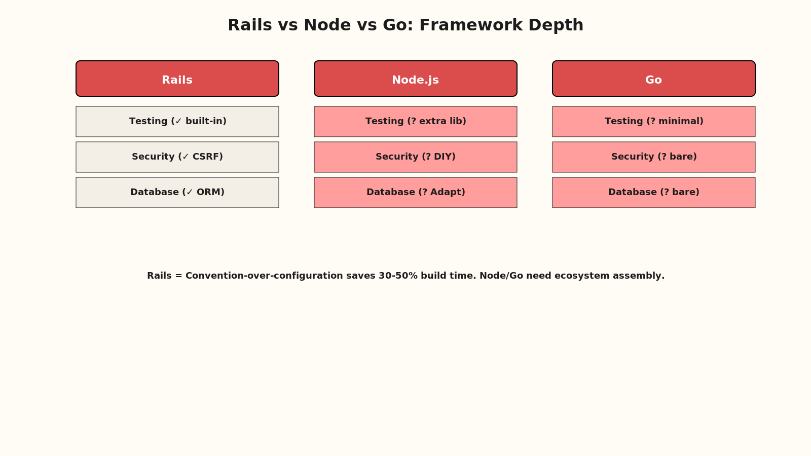 Rails strengths matrix: built-in testing, auto-escaping, CSRF tokens, database migrations, Active Record