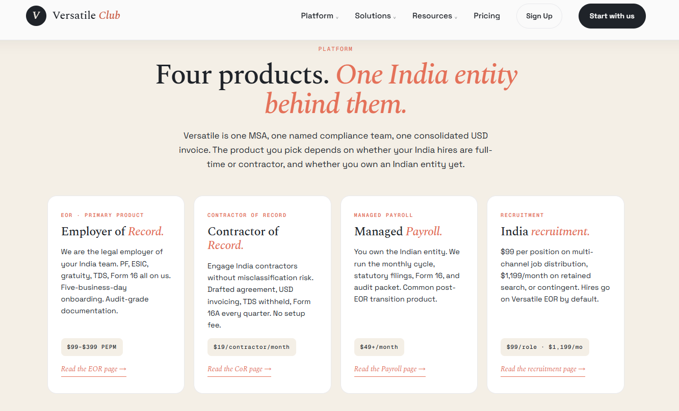 Versatile Club India platform showing four products—EOR, Contractor of Record, Managed Payroll, and recruitment