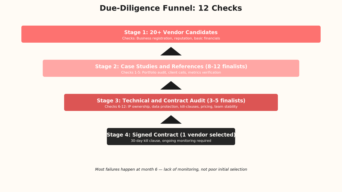 Vendor due-diligence funnel: 12 checks narrowing from broad vendor pool to signed contract.