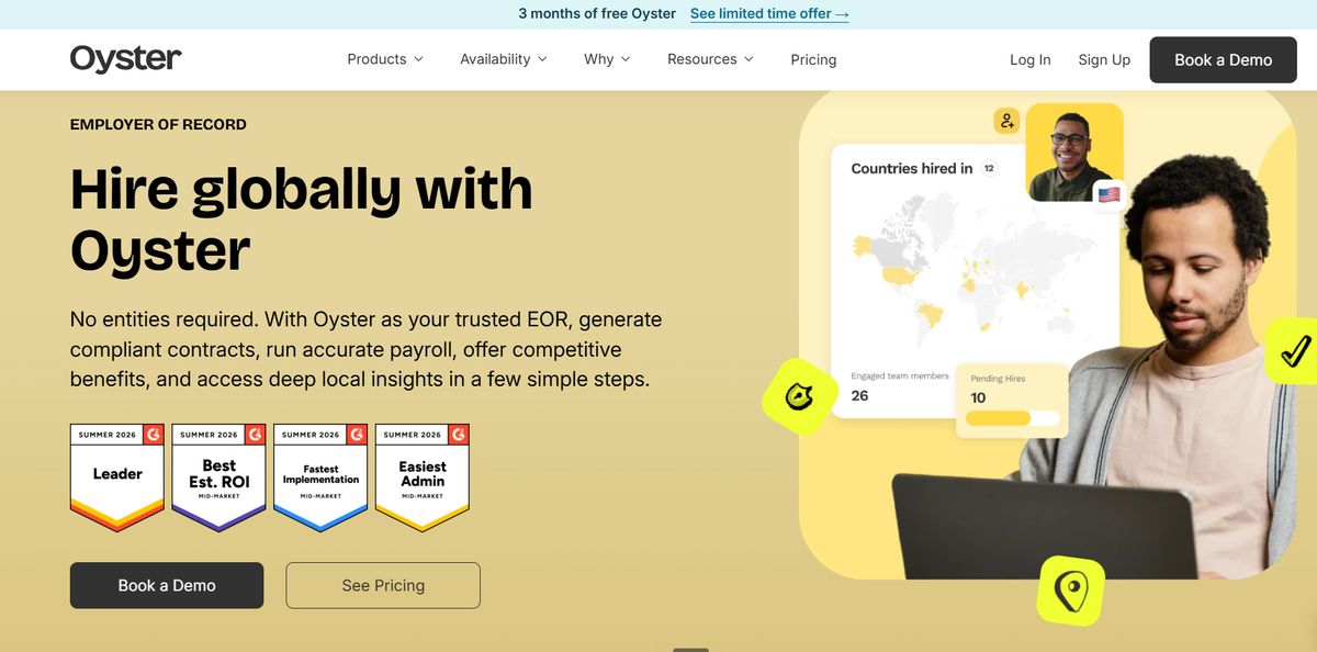 Oyster Employer of Record page promoting global hiring with a countries map and G2 leader award badges
