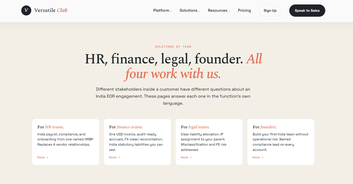 Versatile Club India EOR solutions for HR, finance, legal, and founder teams, showing role-specific benefits