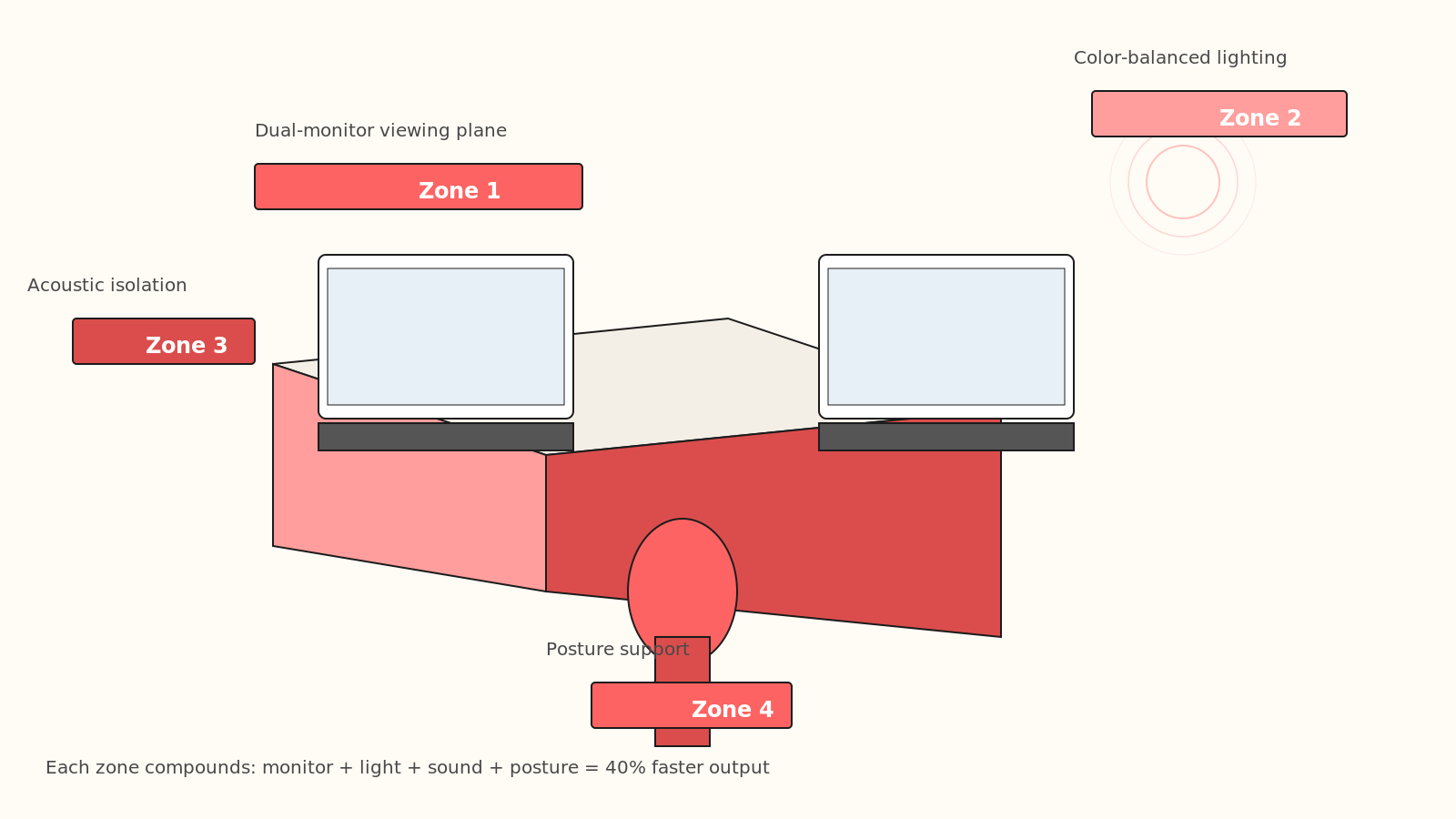 Isometric diagram showing a professional graphic design home office with labeled zones for monitor setup, ambient lighting, task lighting, ergonomic seating, tablet surface, and acoustic panels