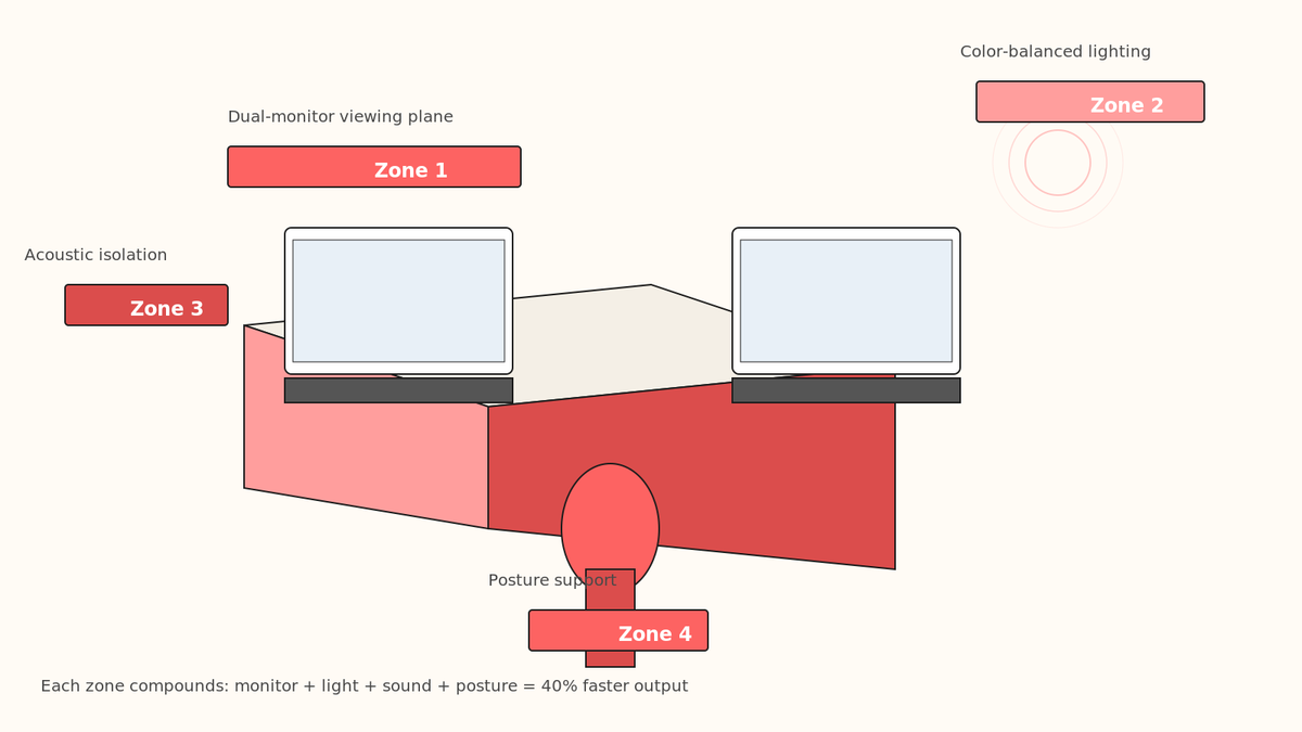 Isometric diagram showing a professional graphic design home office with labeled zones for monitor setup, ambient lighting, task lighting, ergonomic seating, tablet surface, and acoustic panels